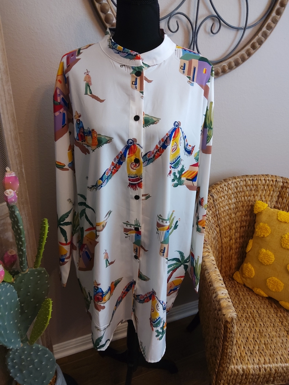 Oversized Women's White Tropical Print Button-Up Beach Cover-up.